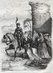 Ruggiero e três ninfas da corte de Alcina - gravura de 1851 do poema Orlando furioso