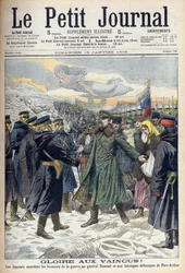 Guerra russo-japonesa de 1904-1905: Japoneses permitem a rendição honrosa do General Stoessel e dos defensores russos de Port Arthur. De Le petit Journal, Paris