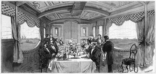 Comboio imperial russo usado pelo Duque e Duquesa de Edimburgo em 1874: o vagão da sala de jantar. Gravura no "Le Monde Illustré" n°886 de 6 de Abril de 1874.