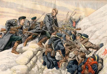 Guerra Russo-Japonesa - Luta nas trincheiras em Port Arthur, Guerra Russo-Japonesa. A heróica morte do tenente russo Alexander - Nas trincheiras de Port Arthur. A morte heróica do tenente russo Alexander. Ilustração para o jornal Le petit Journal.