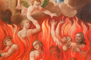 Igreja de Saint-Nicolas de Veroce. Último julgamento: o inferno. Um grupo dos Salvos. Pintura. A França.