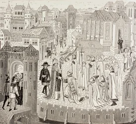 São Gaugericus, Bispo de Cambrai, chegando à cidade para sua nomeação, de "A vida militar e religiosa na Idade Média" por Paul Lacroix, publicou Londres c.1880