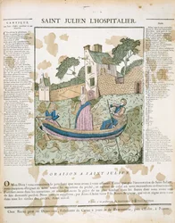 Saint Julian the Hospitaller viajantes a remos em um rio, ilustração da LImagerie Populaire por PL Duchartre & R. Saulmer