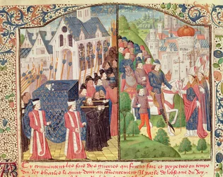 O Funeral de São Luís em Paris em 1270 e A Chegada de Carlos V em Reims em 1364 para ser coroado rei na catedral, a partir de um manuscrito das 