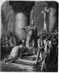 São Medardo de Noyon (falecido em 560) oferecendo roupas religiosas a Santa Radegonde (ca. 520-587) esposa do Rei Clothaire.