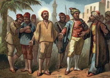 São Vicente de Paulo (1581-1660), padre foi capturado por piratas turcos que o venderam como escravos em Tunis. Cromolitografia do final do século XIX.