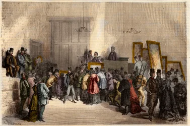 Venda de quadros no hotel dos leiloeiros em Paris, em 1868. Gravura em "L