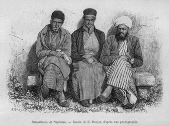 Samaritanos de Nablus, da Síria hoje. Viajar para a Fenícia, o Líbano e a Judéia. 1875-1880 de Louis Charles Emile Lortet, 1884 (gravura do bw)