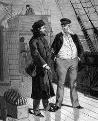 Samuel Finley Breese Morse (1791-1872), pintor e físico americano, falando, no seu regresso aos Estados Unidos, com o capitão do navio, sobre a sua ideia de um telégrafo eléctrico. em "História popular da ciência, invenções e descobertas da