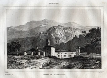 Abadia beneditina de Santa Maria di Vallombrosa situada no município de Reggello, na Toscana - Abadia de Vallombrosa - Gravura de "Itália Pitoresca" - Pintura Histórica e Descritiva da Itália" de M. de Norvins, Ch. Nodier 1834-1836.