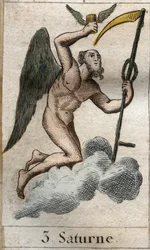 Saturno, deus da agricultura e da colheita, é representado com uma foice. De «Mitologia da Juventude», de Pierre Blanchard, 1803.