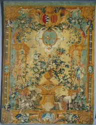 Painel Savonnerie: Mola com brasão, fabricante Savonnerie Factory, França, antes de 1717