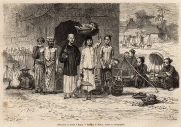 Cena du marche de Saigon, gravada após um desenho de D.Maillard, ilustrando a viagem a Cochinchine, do Dr. Morice, em 1872, publicada em "Le tour du monde" 1875, editada por Edouard Charton, edição Hachette, Paris. Coleção Selva.