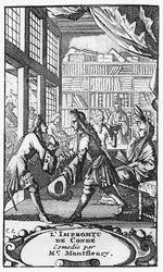 Cena do Improviso do Hotel de Condé, de Montfleury, tirada das Obras de Monsieur de Montfleury, 1735