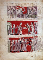 Cena da vida estudantil no Collège de Hubant, ou Ave Maria, em Paris. Cenas da vida estudantil e regulamentos do colégio. Faixas 4 a 6. Página manuscrita do «Livre des statuts du Collège de Hubant ou de l