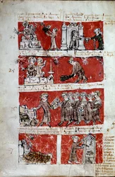 Cena da vida estudantil no Colégio de Hubant ou Ave Maria em Paris Cenas da vida estudantil (obras de caridade, distribuição de livros, manutenção do pátio inferior) e regulamentos do colégio. Faixas 24 a 27. Página manuscrita "Livre des statutes du Colleg