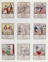 Cenas do Vaudeville parisiense do início do século XIX e Opera-Comique, c1825-35