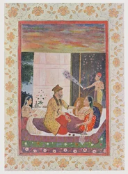 Scheherazade apreendido pelo rei, ilustração de The Arabian Nights, 1895 (gravura a cores)
