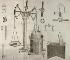 Equipamento científico, dos elementos da química por Antoine Laurent de Lavoisier (1743-94) gravado por D. Lizars, 1796