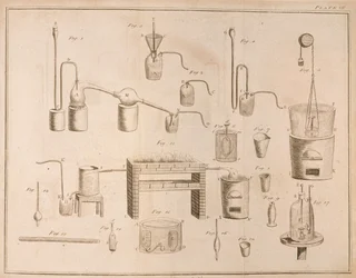 Equipamento científico, dos elementos da química por Antoine Laurent de Lavoisier (1743-94) gravado por D.Lizars, 1796