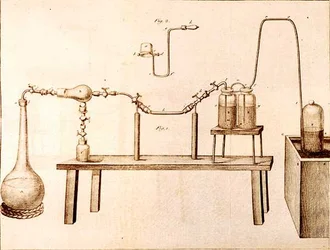 Equipamento científico, dos elementos da química por Antoine Laurent de Lavoisier (1743-94) gravado por D.Lizars, 1796