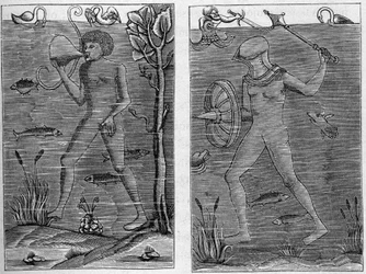 Soldado do mar: o mergulhador e o homem de armas. Gravuras de figuras de madeira do século XVI. Em "La Marine et les colonies: comércio".