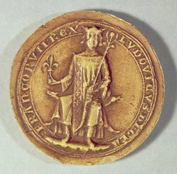 Selo, de, st. Louis, (1214-70), segurando, um, cetro, e, a, fleur de lys, c.1252