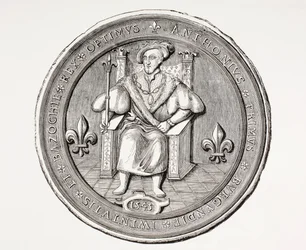 Selo do Rei da Basoche, o líder da corporação dos escrivães jurídicos do sistema judicial de Paris, de Les Arts au Moyen Age, publicado em 1873