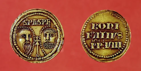 Selo com as cabeças de São Paulo e São Pedro, de uma bula do Papa Bonifácio VIII, reto e verso, 1295 (cera)