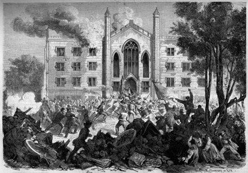 Secession War ou Guerra Civil Americana (1861-1865) - Nova York - Julho 1863: oposição ao alistamento, insurgências incendiam o asilo dos órfãos de cor na cidade de Nova York durante os "Draf Riots". Gravura no "Le Monde Illustré" n°331 de 15 de agosto