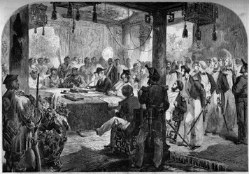 Segunda Guerra do Ópio entre a França, a Inglaterra e a China (1858-1860) - assinatura do Tratado de Tianjin (Tientsin) em 1858: os embaixadores ingleses e franceses Lord Elgin (James Bruce
