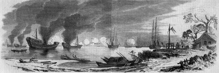 Segunda Guerra do Ópio entre a França, a Inglaterra e a China (1858-1860): juncos chineses carregados de materiais incendiários lançados contra as frotas inglesa e francesa. China.