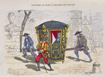 Sedan cadeira no século XVI, de trajes de Paris um Travers les Siecles, publicado de 1887 (gravura a cores)