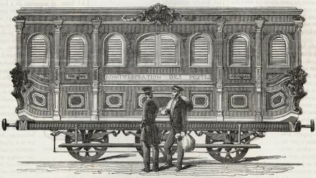 Service des Postes - vue exterieure du bureau ambulant - Gravação em "Tableau-de-Paris" de Edmond Texier 1852