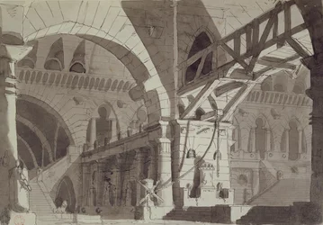 Cenografia no estilo dos desenhos da prisão de Piranesis, c.1800 (caneta, tinta e lavagem)