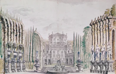 Cenografia de um palácio para um teatro, c.1660-80 (caneta e tinta e wc no papel)
