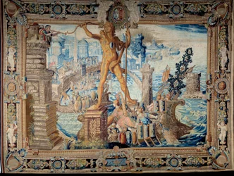 Sete maravilhas do mundo: o Colosso de Rodes (estátua de Hélio). Tapeçaria feita pela oficina dos Gobelins. Paris do século XVII, Musee des Gobelins