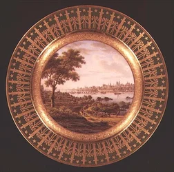 Prato de Sevres decorado com vista para Varsóvia (porcelana)