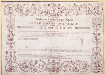 Certificado de ações por 500 francos para o Bazar Bonne-Nouvelle, 1836