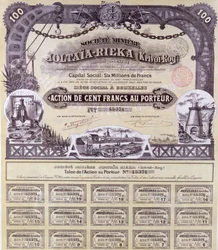 Certificado de ações por 100 francos para a mineradora franco-russa Joltaia-Rieka, 1899