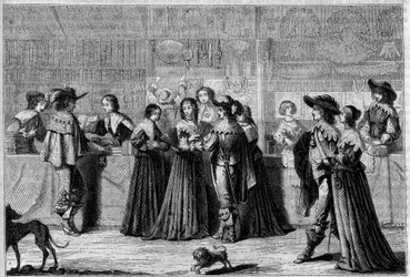 Lojas na Galerie du Palais (Paris), meados do século XVII. Da esquerda para a direita: uma livraria, uma livraria, uma loja de retrosaria, e uma loja de malandros, luvas e atacadores. Gravura de Foulquier em "Le Magasin pitoresco".
