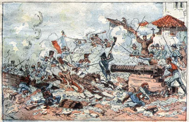 Cerco e captura de Saragoça (Zaragoza) na Espanha em fevereiro de 1809 pelas tropas napoleônicas. Gravura do século XIX.