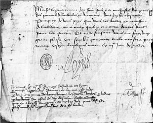 Assinatura de Luís XI em uma carta ao governador de Anjou, datada de 3 de julho de 1472 (tinta no papel)