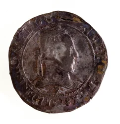Testão de prata francês (teston), reinado do rei Henrique III da França (Henri III) (1574-1589) Diam. 3,5 cm Nápoles, museo arqueológico
