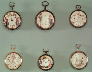 Seis relógios de bolso decorados com símbolos revolucionários (metal e esmalte)