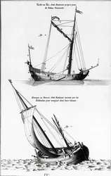 Esboço de barcos: um iate ou yac e uma hora ou hollock, que é um pequeno barco inventado pelos holandeses para navegar nos canais - na "Diderot encyclopedia", vol 7 Marine, gravura, Bibl. Mazarine.