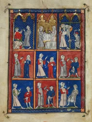 Sloane 1977,f.7v O Chirurgia: José de Arimétea pedindo o corpo de Cristo, José e uma mulher com lençóis funerários, e a Deposição, e abaixo, duas mulheres apresentando um seio doente a um médico, e quatro homens com várias doenças genitais.
