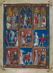 Sloane MS 1977 fol.6r Nove miniaturas mostrando cenas bíblicas e médicas. Acima, Cristo diante de Caifás e Pilatos; a flagelação. Centro e abaixo, médicos que tratam pacientes com ossos quebrados e outras doenças