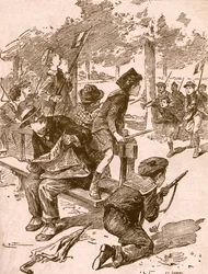 Pequenos rapazes a jogar jogos de guerra em França durante a Primeira Guerra Mundial. Da Agenda Buvard du Bon Marche publicada em 1917.