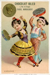 Crianças espanholas dançando com tamborins feitos de pesetas, de uma série de cartões promocionais sobre moedas em diferentes países, publicados em Paris por Vieillemard para uso por Chocolat Ibled, 1886-95